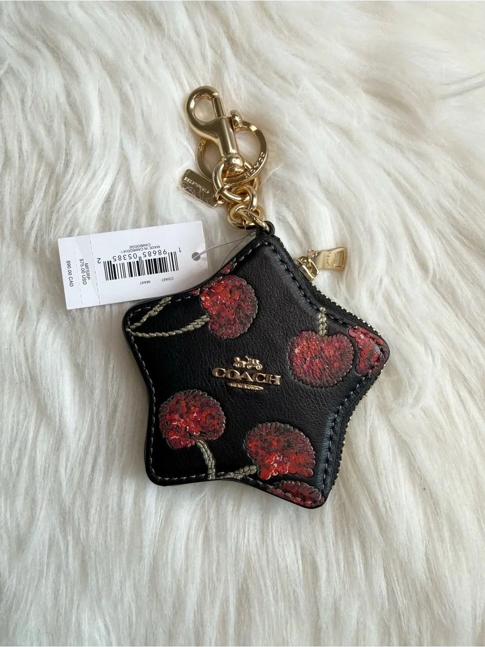 Coach Star Bag Charm with Cherry Print Gold Black Red Multi Leather CDA87 NWT